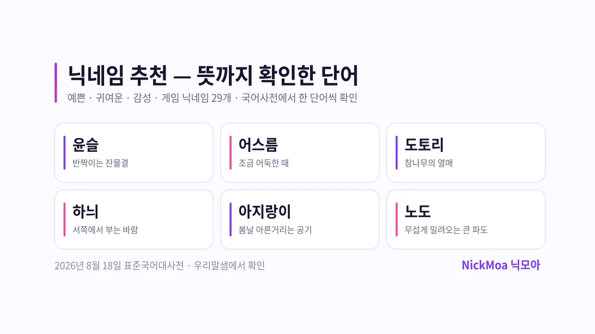 뜻을 확인한 예쁜·귀여운·감성 닉네임 단어를 카드로 정리한 NickMoa 닉모아 닉네임 추천 이미지