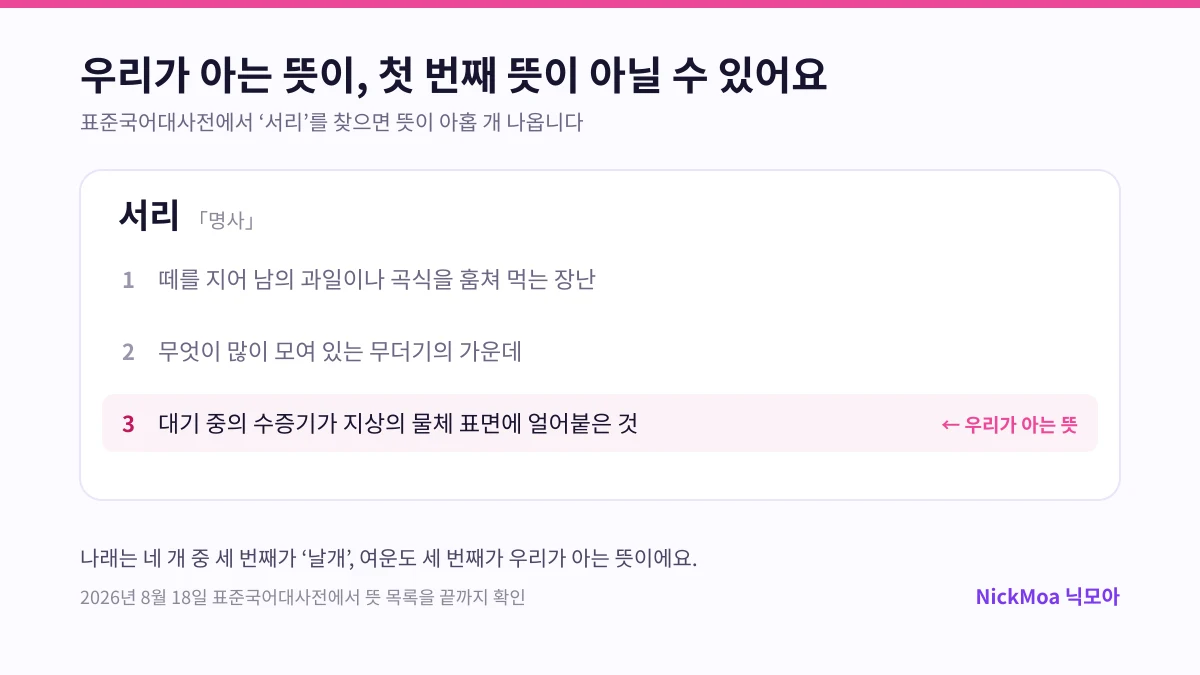 서리 나래 여운의 사전 뜻 순서를 보여주는 NickMoa 닉모아 닉네임 추천 안내 이미지
