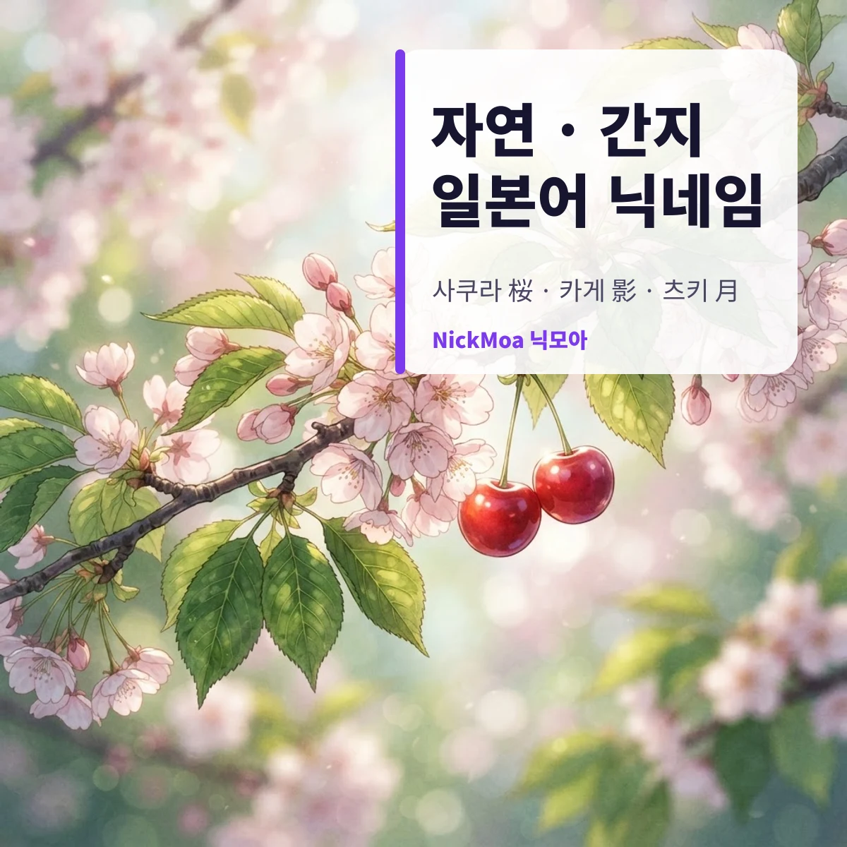 벚꽃과 그림자를 소재로 한 자연·간지 일본어 닉네임 안내 이미지 — NickMoa 닉모아